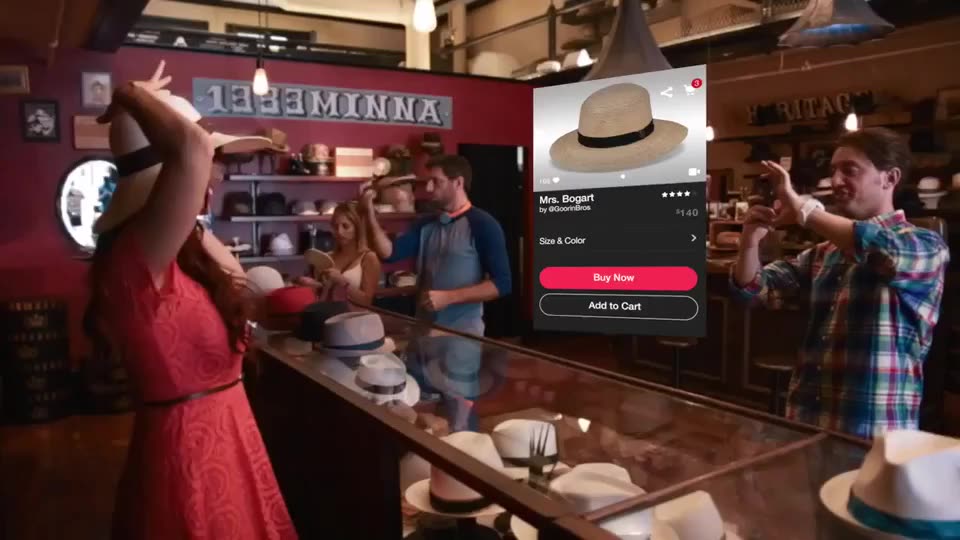 JYLLION shoppable video: a product card appears over a hat-shop scene