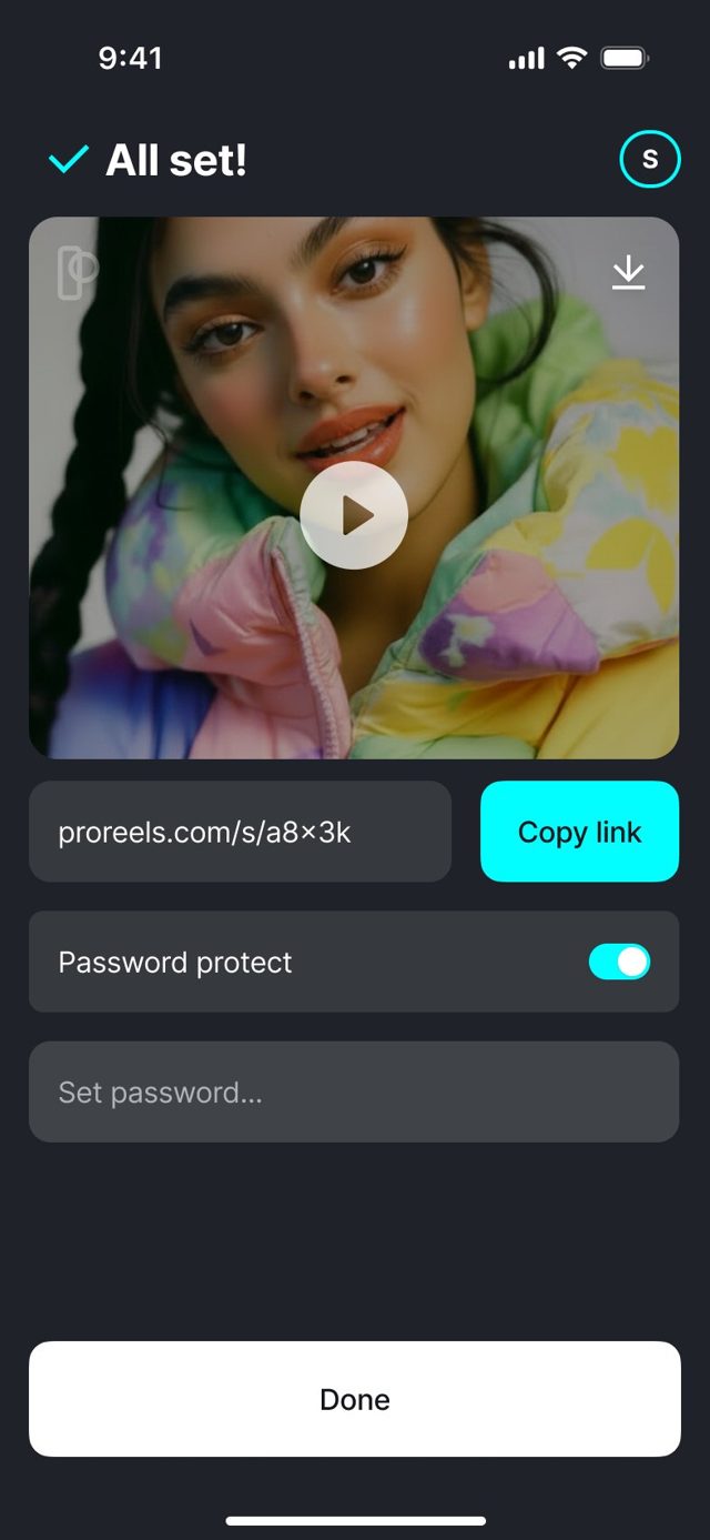 ProReels share screen with a finished reel and a copyable link